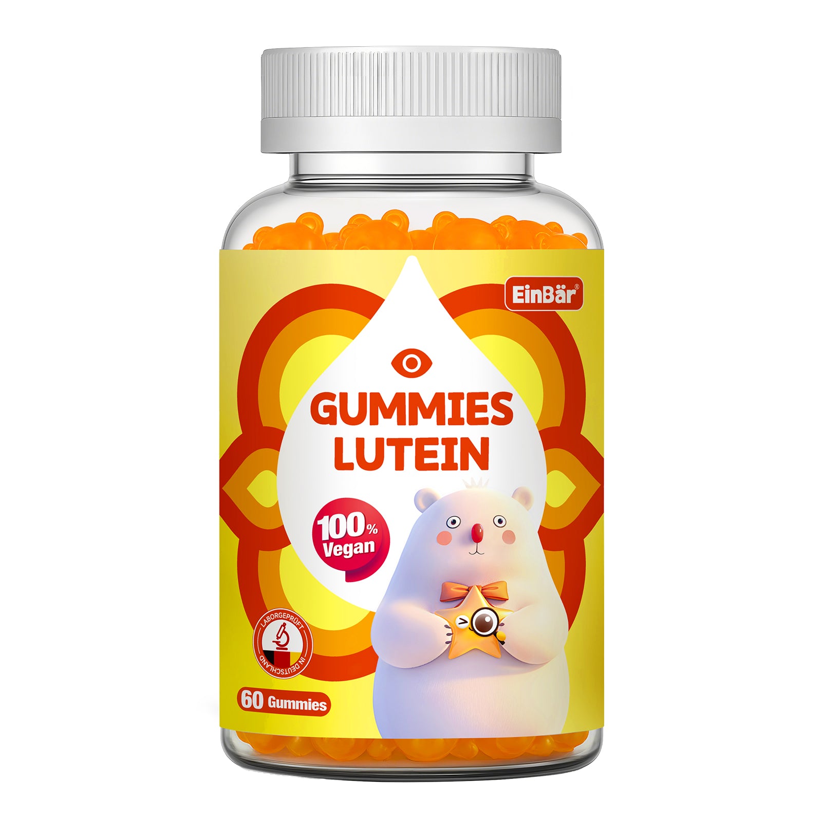 EinBär Lutein Gummies mit Vitamin C E & Niacin Ab 4 Jahren Orangengeschmack Ideal für alle die oft vor Computer Tablet oder Smartphone sitzen 60 Stück 100% Vegan Glutenfrei Laktosefrei