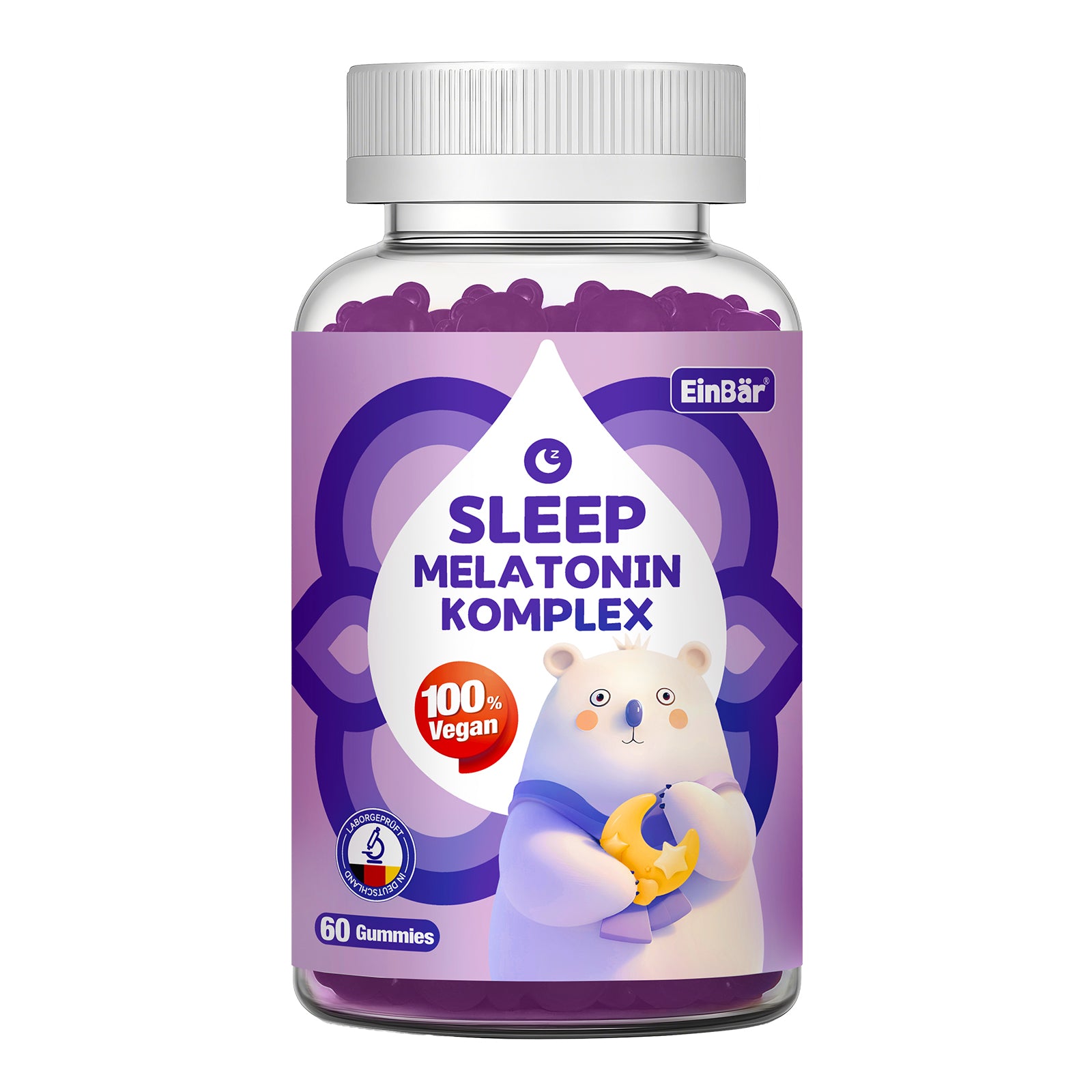 EinBär Ashwagandha & Melatonin Gummies – Mit 0,5 mg Melatonin zur Verkürzung der Einschlafzeit – Passionsblume, Lavendel, zeitverzögerte Freisetzung, ohne Zucker, 60 Stück