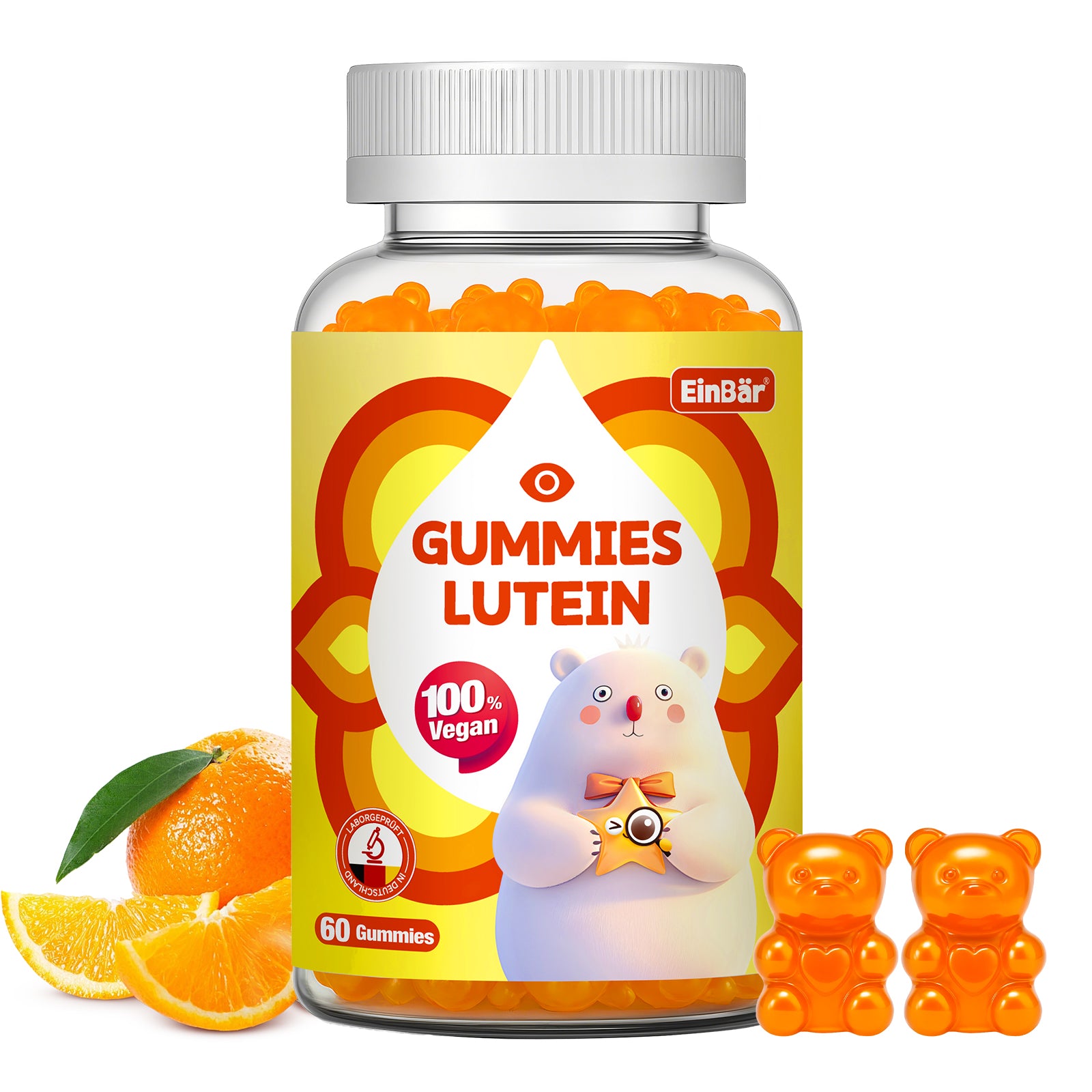 EinBär Lutein Gummies mit Vitamin C E & Niacin Ab 4 Jahren Orangengeschmack Ideal für alle die oft vor Computer Tablet oder Smartphone sitzen 60 Stück 100% Vegan Glutenfrei Laktosefrei