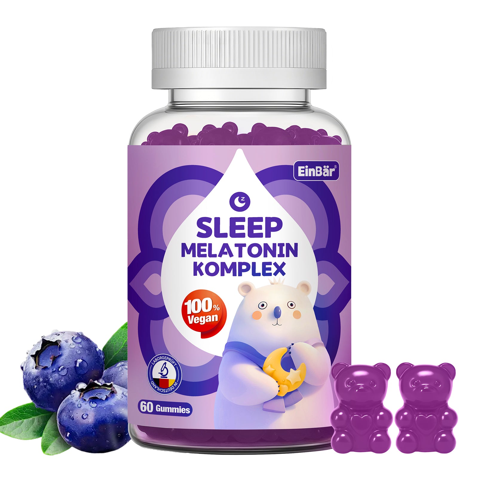 EinBär Ashwagandha & Melatonin Gummies – Mit 0,5 mg Melatonin zur Verkürzung der Einschlafzeit – Passionsblume, Lavendel, zeitverzögerte Freisetzung, ohne Zucker, 60 Stück