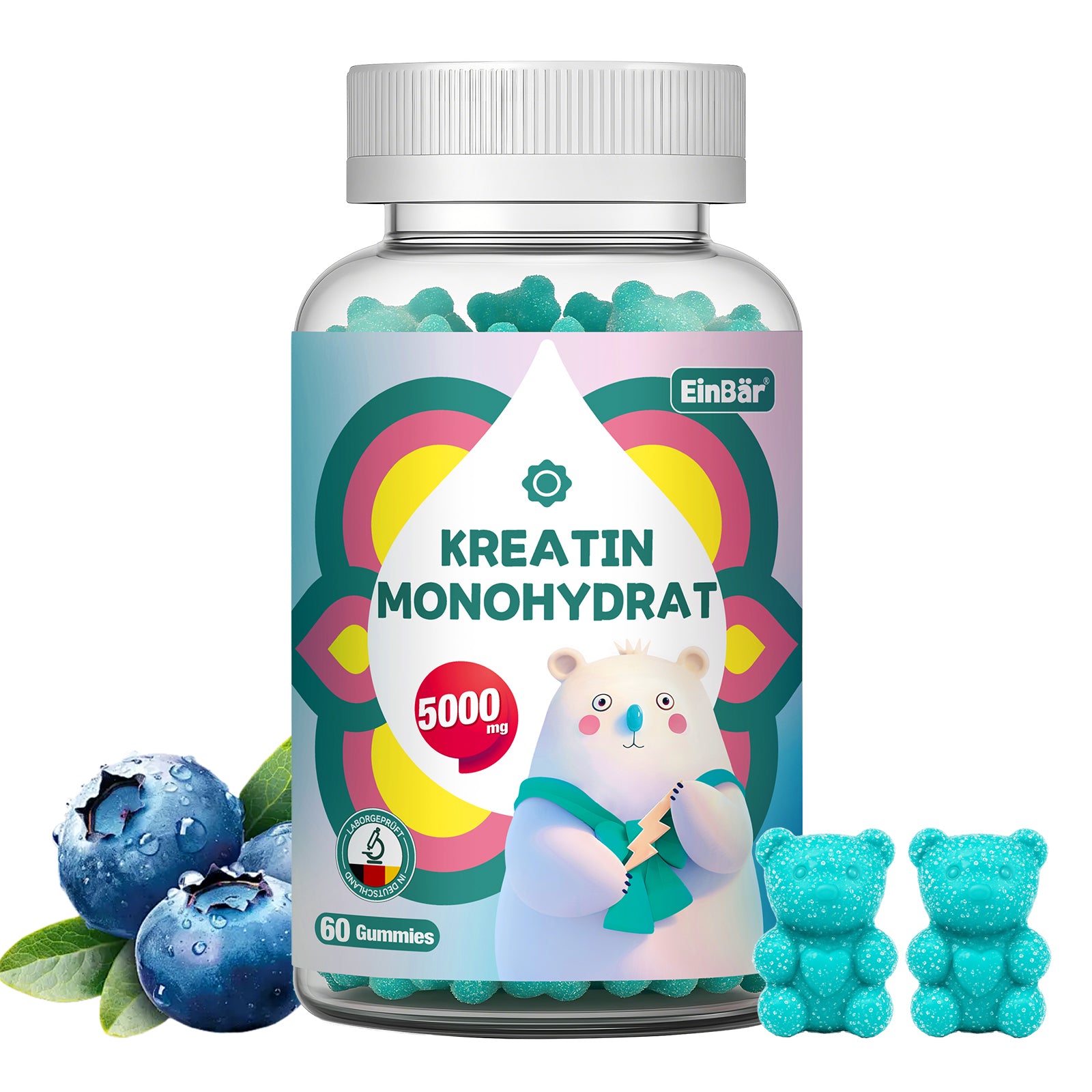 EinBär Creatin Monohydrat Gummies – 5000 mg pro Portion | Mit Taurin & Piperin für optimale Aufnahme | Vegan, Glutenfrei, Laktosefrei | 60 Gummies für Muskelaufbau & Krafttraining