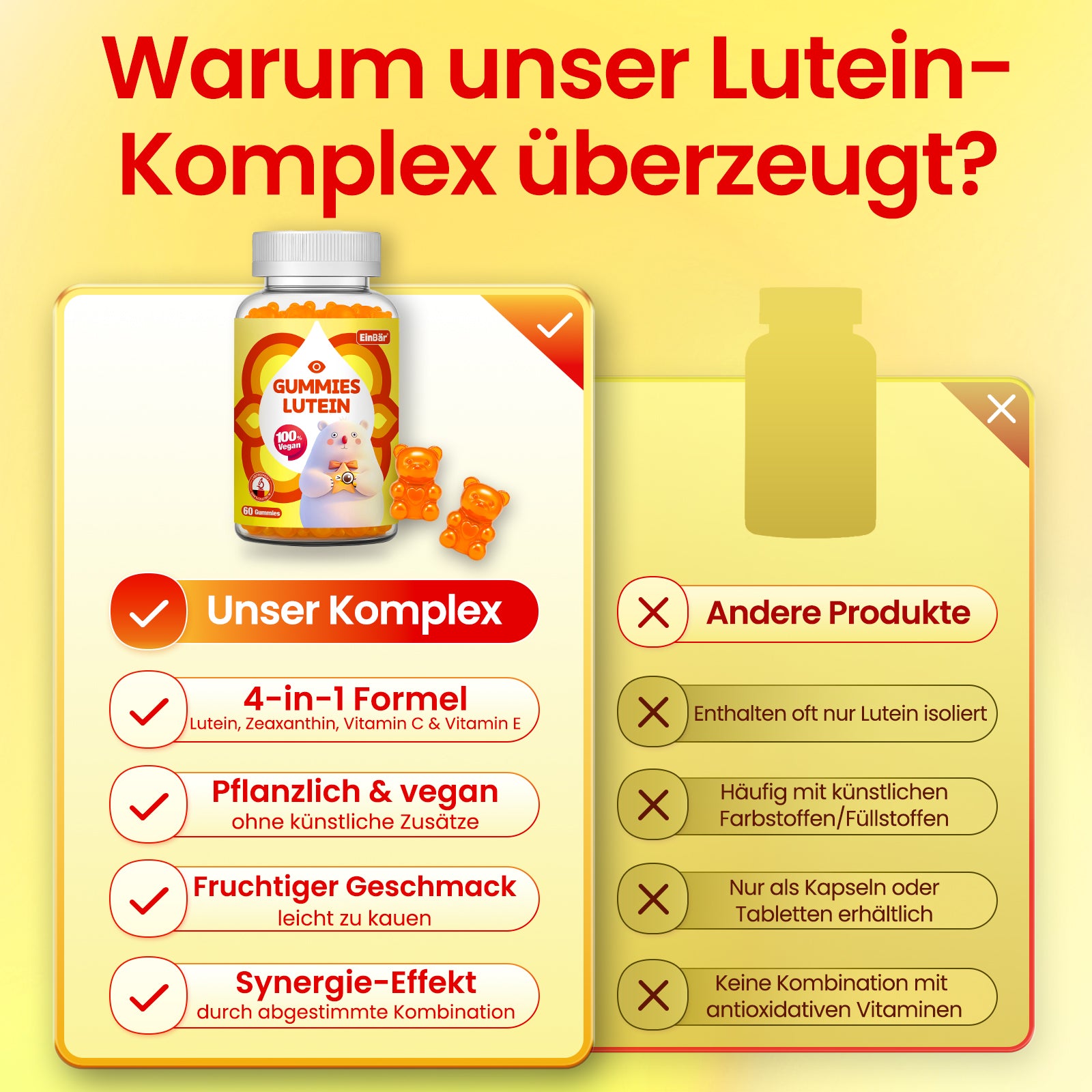 EinBär Lutein Gummies mit Vitamin C E & Niacin Ab 4 Jahren Orangengeschmack Ideal für alle die oft vor Computer Tablet oder Smartphone sitzen 60 Stück 100% Vegan Glutenfrei Laktosefrei