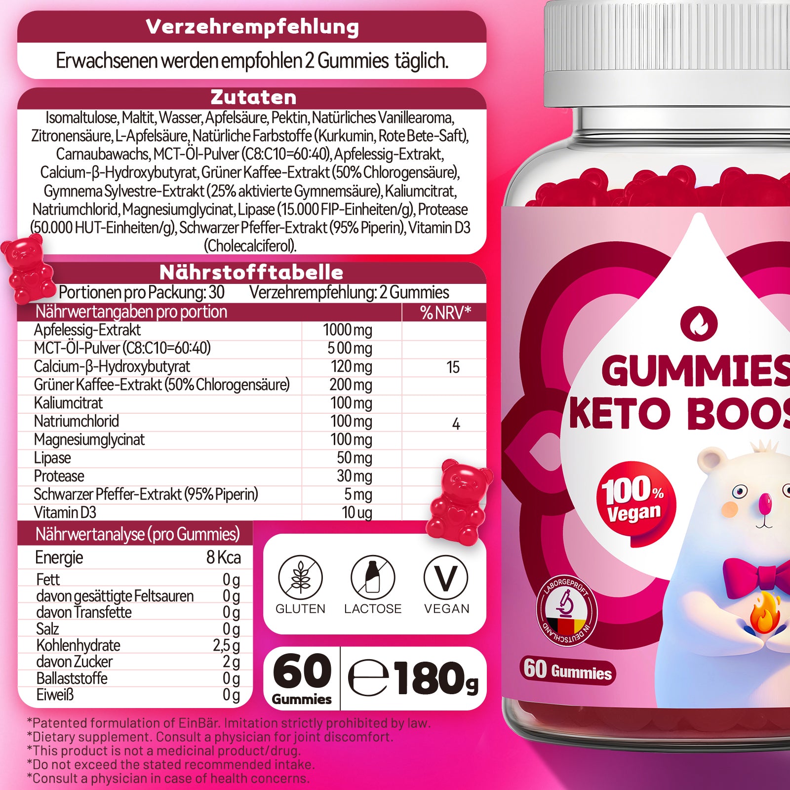 Keto boost Gummies mit 1000 mg Apfelessig & 500 mg MCT-Öl Pulver Mit Calcium Grünem Kaffee, Magnesium für Keto-Diät normalen Energiestoffwechsel ohne Zucker