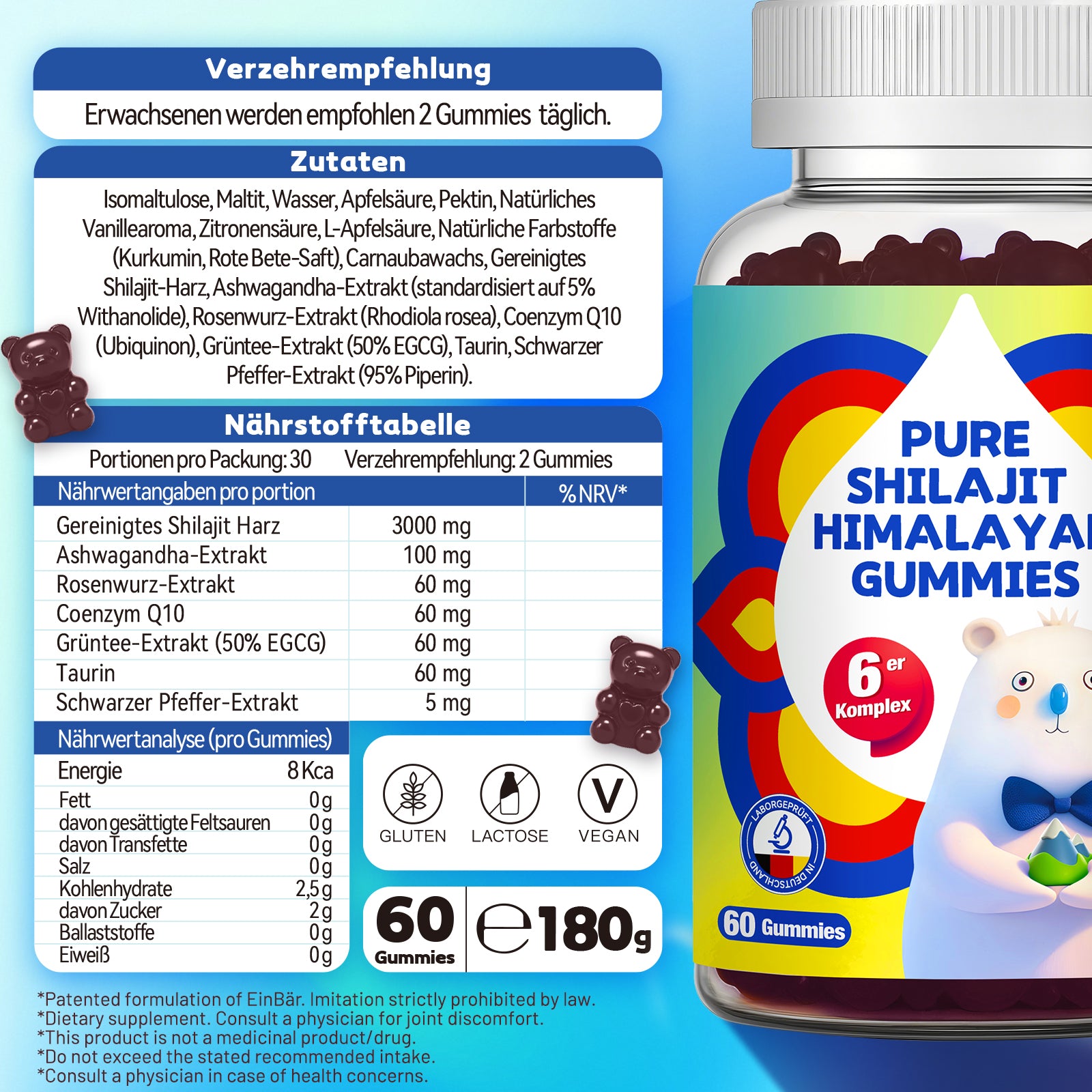 EinBär Pure Shilajit Himalaya Gummibärchen, 3000 mg Shilajit, Ashwagandha, Rosenwurz Coenzym Q10, Grüntee & Taurin für dein Wohlbefinden & aktives Leben |, Glutenfrei, Glutenfrei, Laktosefrei