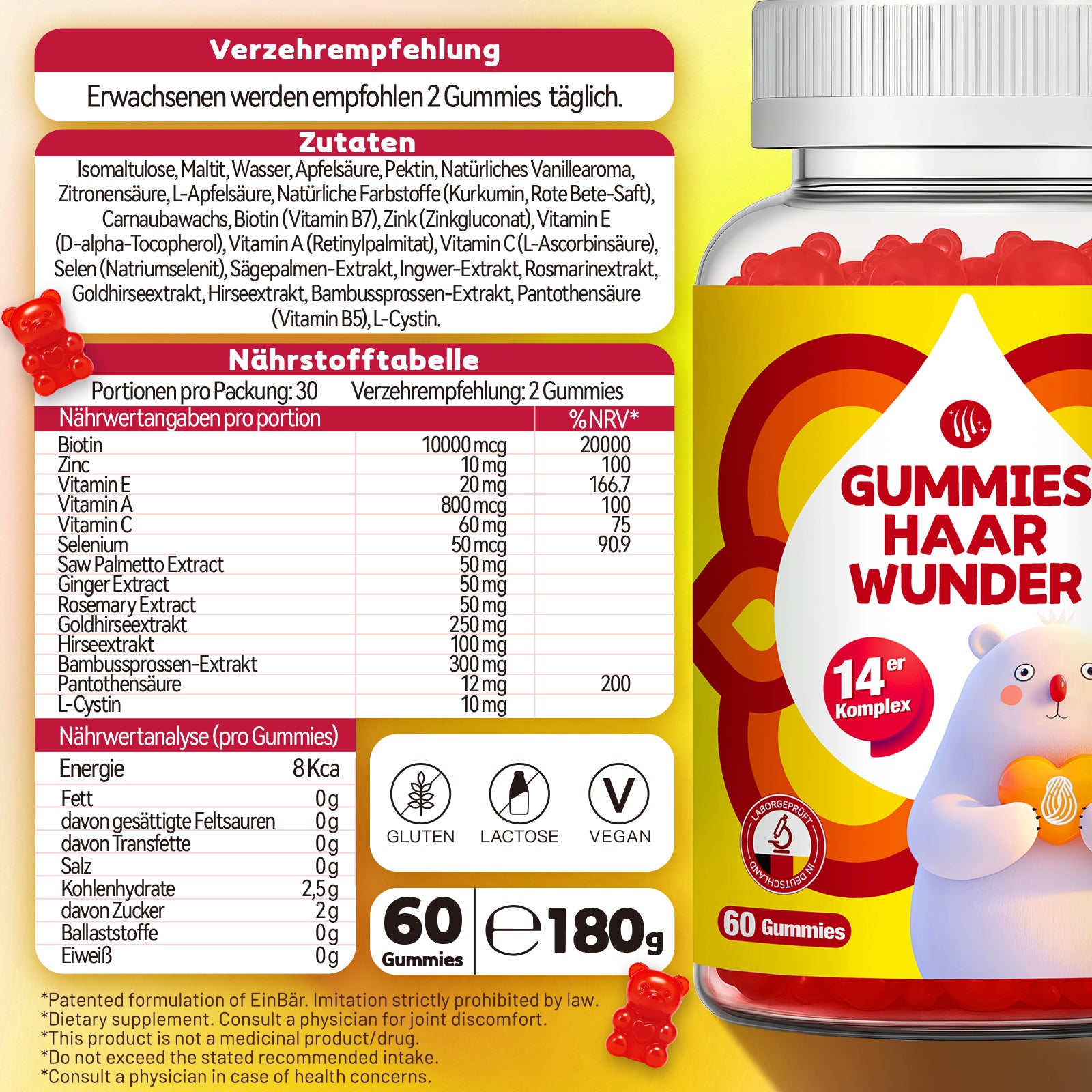 EinBär Haar Wunder Gummies Biotin 10000 µg, Zink, Selen, Vitamin A, C & E 14er Nährstoffkomplex für die Erhaltung normaler Haare Haut & Nägel | Vegan, Glutenfrei, Laktosefrei