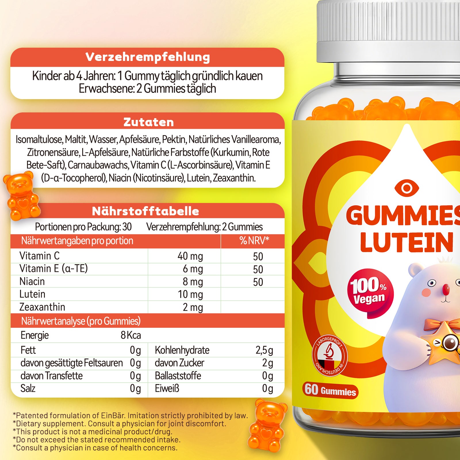 EinBär Lutein Gummies mit Vitamin C E & Niacin Ab 4 Jahren Orangengeschmack Ideal für alle die oft vor Computer Tablet oder Smartphone sitzen 60 Stück 100% Vegan Glutenfrei Laktosefrei