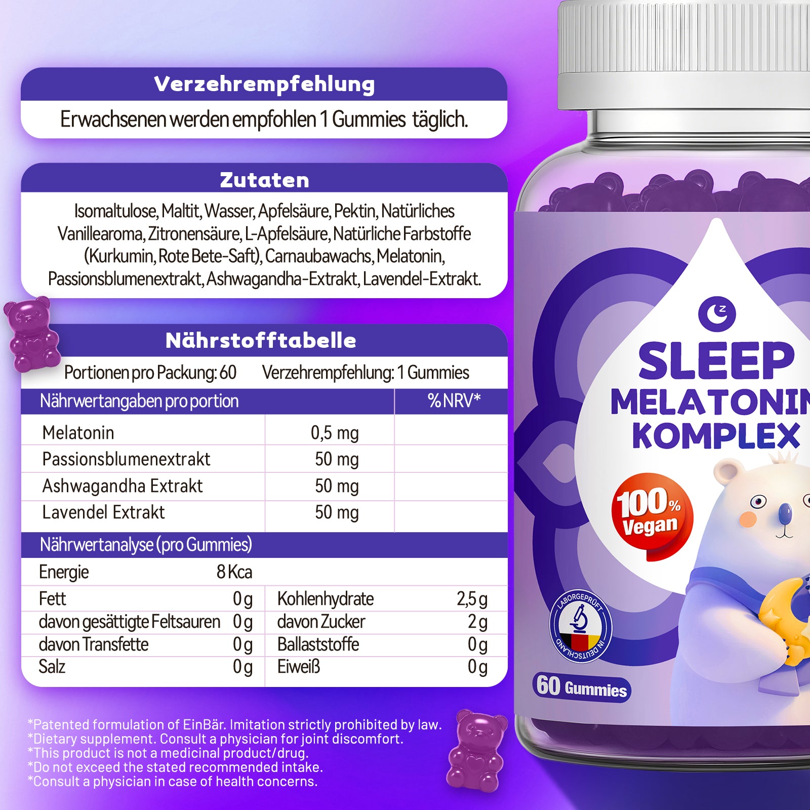 EinBär Ashwagandha & Melatonin Gummies – Mit 0,5 mg Melatonin zur Verkürzung der Einschlafzeit – Passionsblume, Lavendel, zeitverzögerte Freisetzung, ohne Zucker, 60 Stück