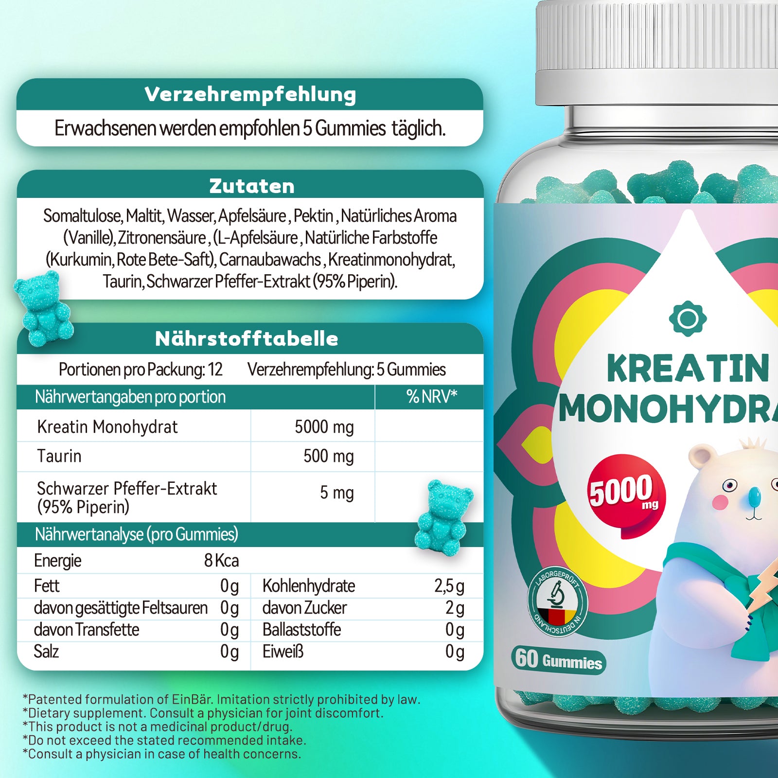 EinBär Creatin Monohydrat Gummies – 5000 mg pro Portion | Mit Taurin & Piperin für optimale Aufnahme | Vegan, Glutenfrei, Laktosefrei | 60 Gummies für Muskelaufbau & Krafttraining