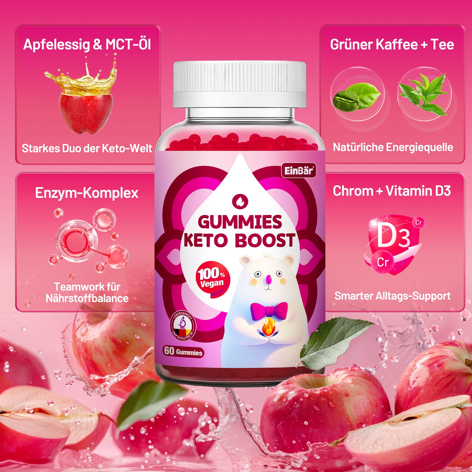 Keto boost Gummies mit 1000 mg Apfelessig & 500 mg MCT-Öl Pulver Mit Calcium Grünem Kaffee, Magnesium für Keto-Diät normalen Energiestoffwechsel ohne Zucker