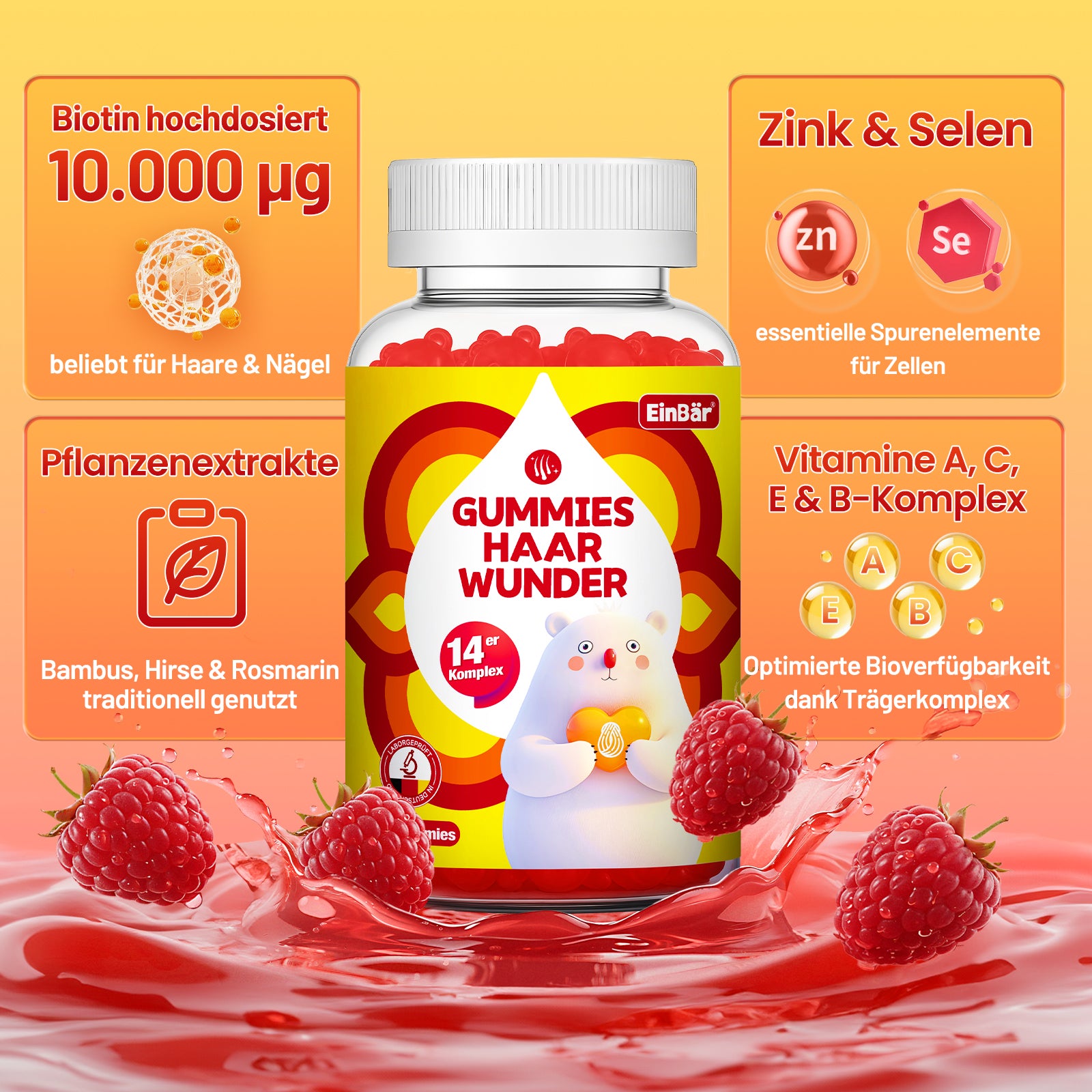 EinBär Haar Wunder Gummies Biotin 10000 µg, Zink, Selen, Vitamin A, C & E 14er Nährstoffkomplex für die Erhaltung normaler Haare Haut & Nägel | Vegan, Glutenfrei, Laktosefrei