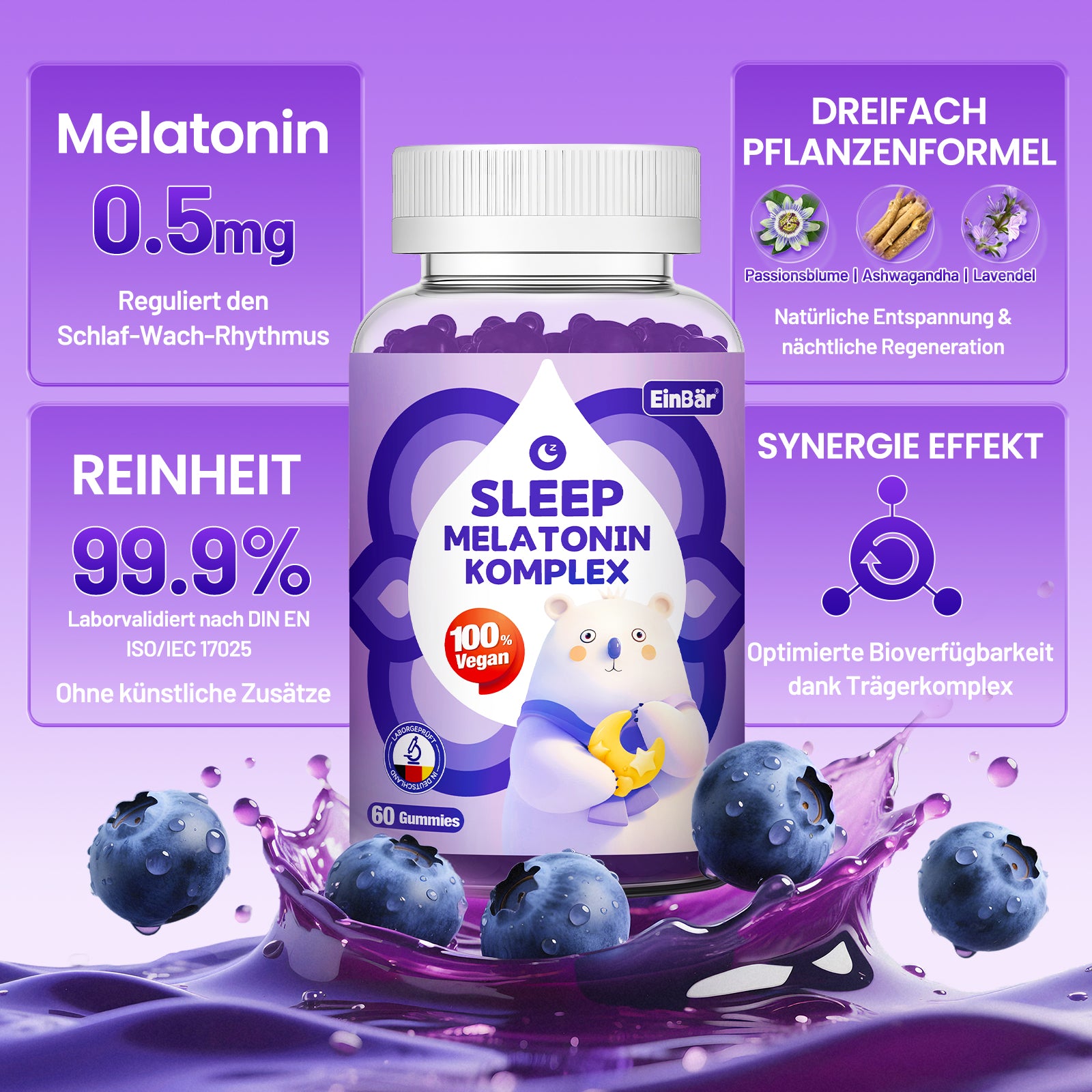 EinBär Ashwagandha & Melatonin Gummies – Mit 0,5 mg Melatonin zur Verkürzung der Einschlafzeit – Passionsblume, Lavendel, zeitverzögerte Freisetzung, ohne Zucker, 60 Stück
