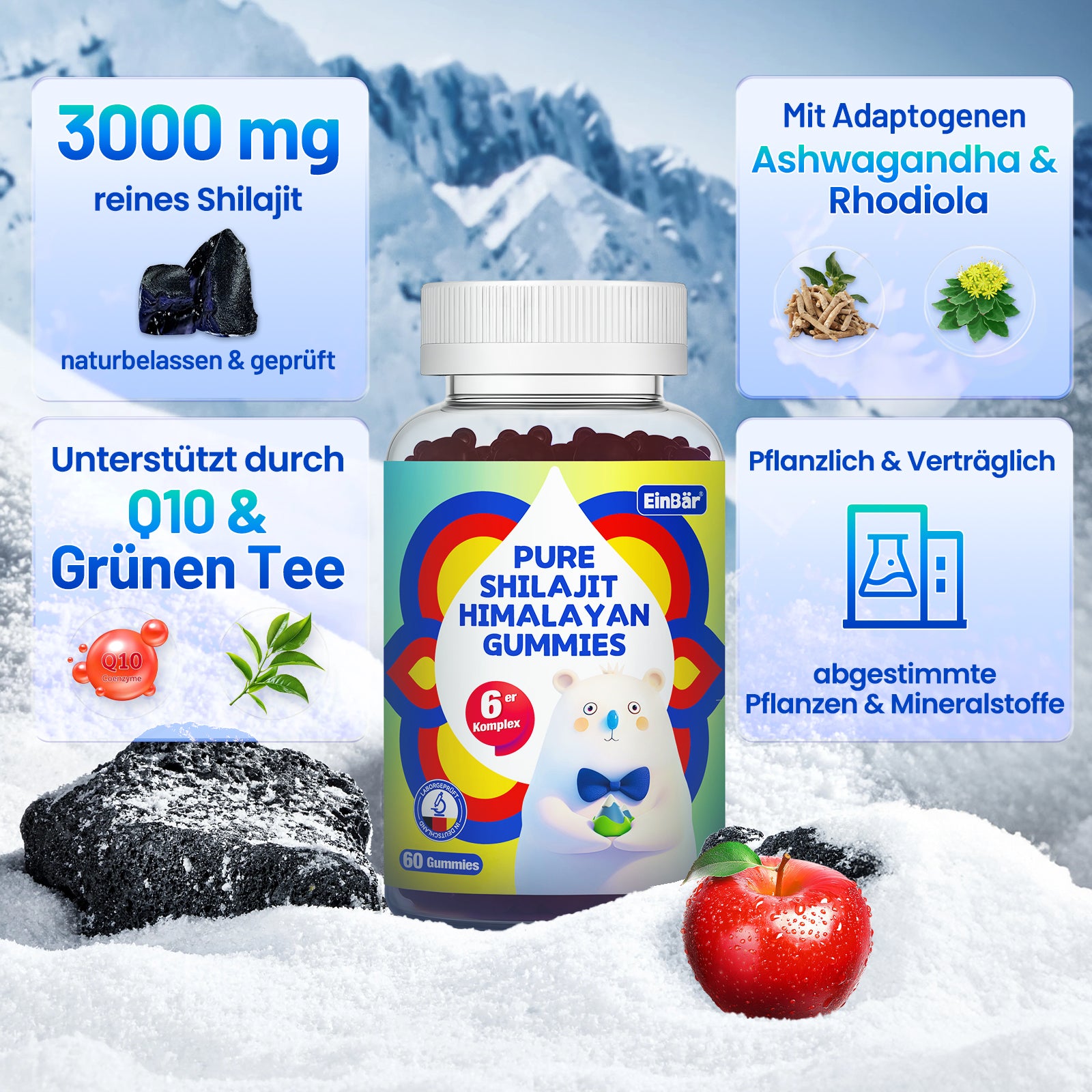 EinBär Pure Shilajit Himalaya Gummibärchen, 3000 mg Shilajit, Ashwagandha, Rosenwurz Coenzym Q10, Grüntee & Taurin für dein Wohlbefinden & aktives Leben |, Glutenfrei, Glutenfrei, Laktosefrei