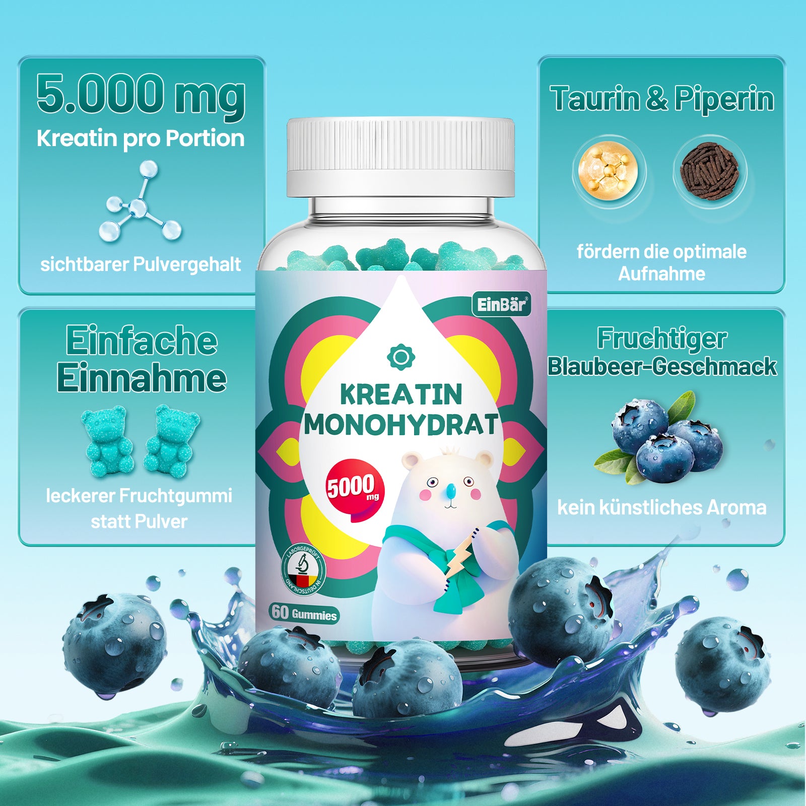 EinBär Creatin Monohydrat Gummies – 5000 mg pro Portion | Mit Taurin & Piperin für optimale Aufnahme | Vegan, Glutenfrei, Laktosefrei | 60 Gummies für Muskelaufbau & Krafttraining