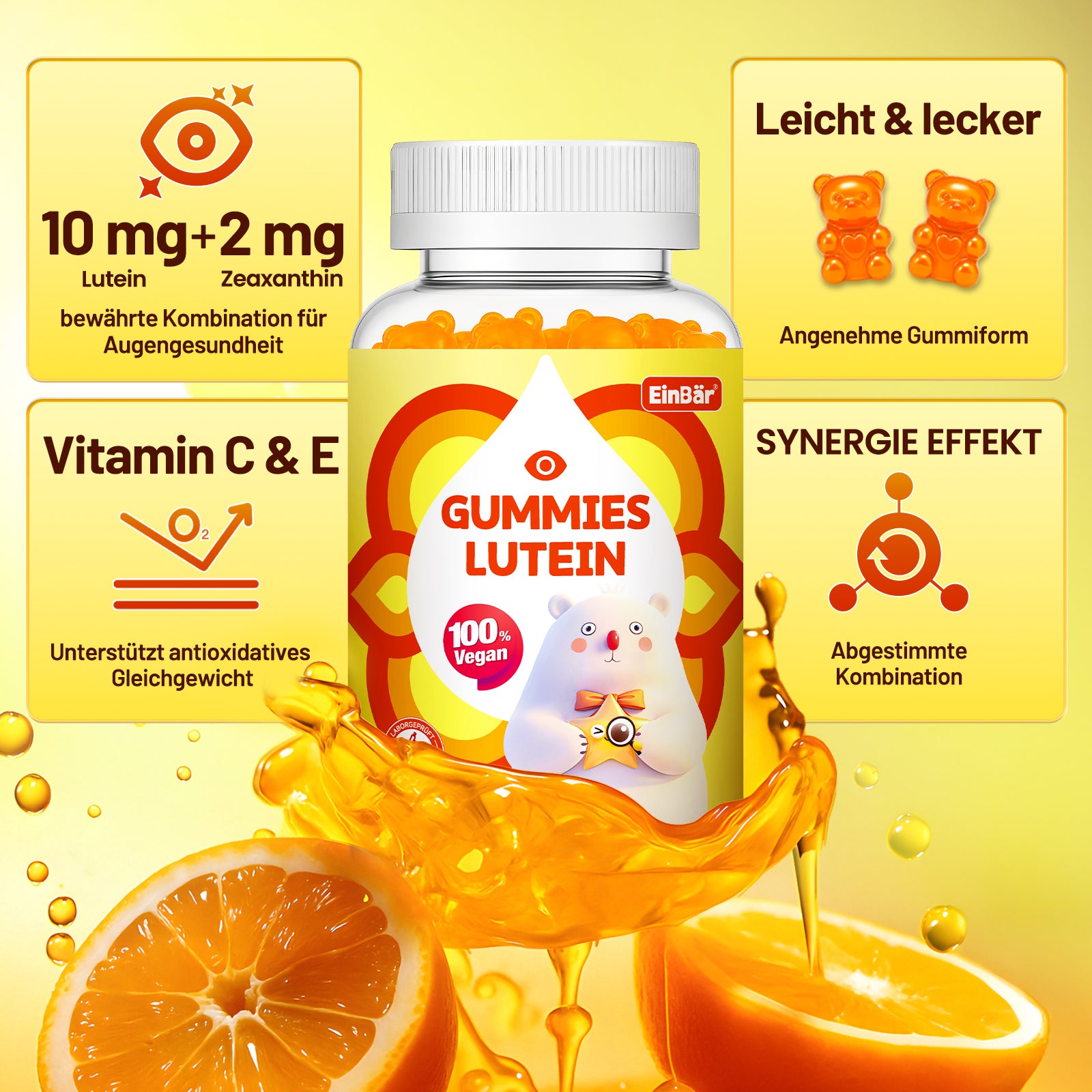 EinBär Lutein Gummies mit Vitamin C E & Niacin Ab 4 Jahren Orangengeschmack Ideal für alle die oft vor Computer Tablet oder Smartphone sitzen 60 Stück 100% Vegan Glutenfrei Laktosefrei