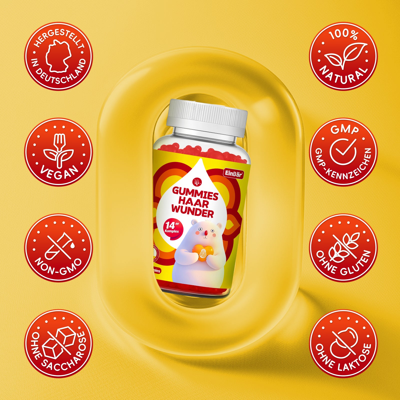 EinBär Haar Wunder Gummies Biotin 10000 µg, Zink, Selen, Vitamin A, C & E 14er Nährstoffkomplex für die Erhaltung normaler Haare Haut & Nägel | Vegan, Glutenfrei, Laktosefrei