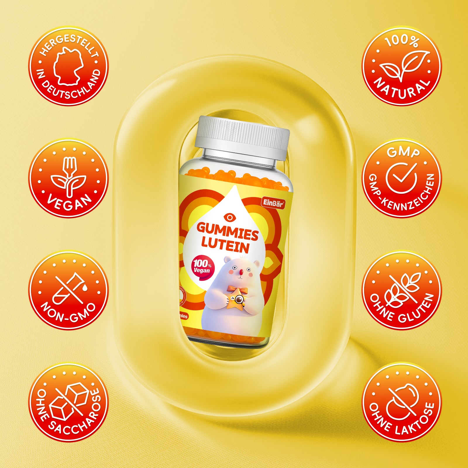 EinBär Lutein Gummies mit Vitamin C E & Niacin Ab 4 Jahren Orangengeschmack Ideal für alle die oft vor Computer Tablet oder Smartphone sitzen 60 Stück 100% Vegan Glutenfrei Laktosefrei