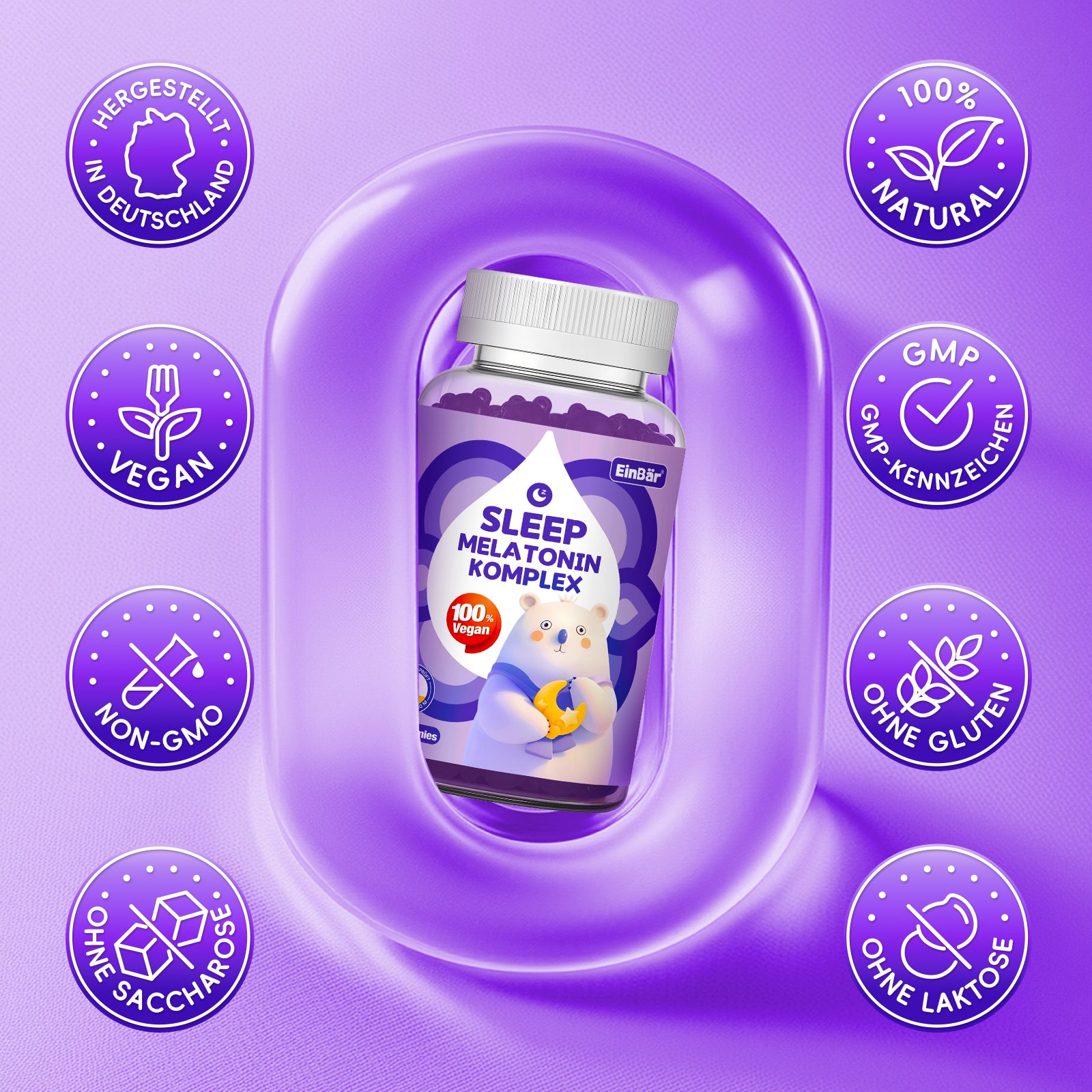 EinBär Ashwagandha & Melatonin Gummies – Mit 0,5 mg Melatonin zur Verkürzung der Einschlafzeit – Passionsblume, Lavendel, zeitverzögerte Freisetzung, ohne Zucker, 60 Stück