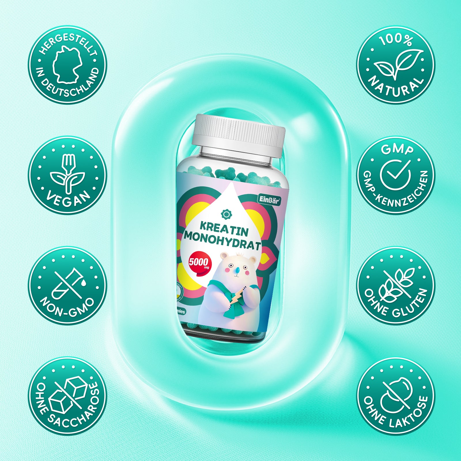 EinBär Creatin Monohydrat Gummies – 5000 mg pro Portion | Mit Taurin & Piperin für optimale Aufnahme | Vegan, Glutenfrei, Laktosefrei | 60 Gummies für Muskelaufbau & Krafttraining