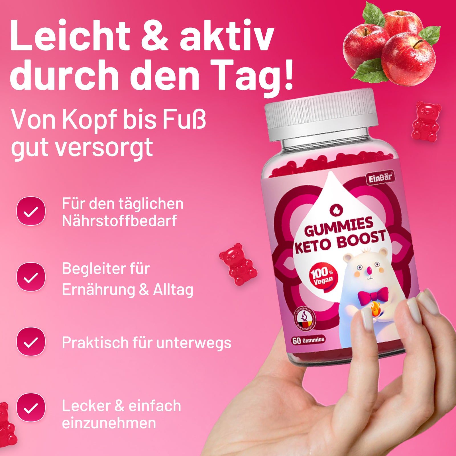 Keto boost Gummies mit 1000 mg Apfelessig & 500 mg MCT-Öl Pulver Mit Calcium Grünem Kaffee, Magnesium für Keto-Diät normalen Energiestoffwechsel ohne Zucker