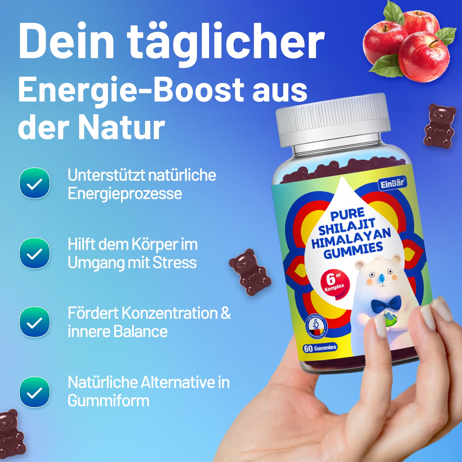 EinBär Pure Shilajit Himalaya Gummibärchen, 3000 mg Shilajit, Ashwagandha, Rosenwurz Coenzym Q10, Grüntee & Taurin für dein Wohlbefinden & aktives Leben |, Glutenfrei, Glutenfrei, Laktosefrei