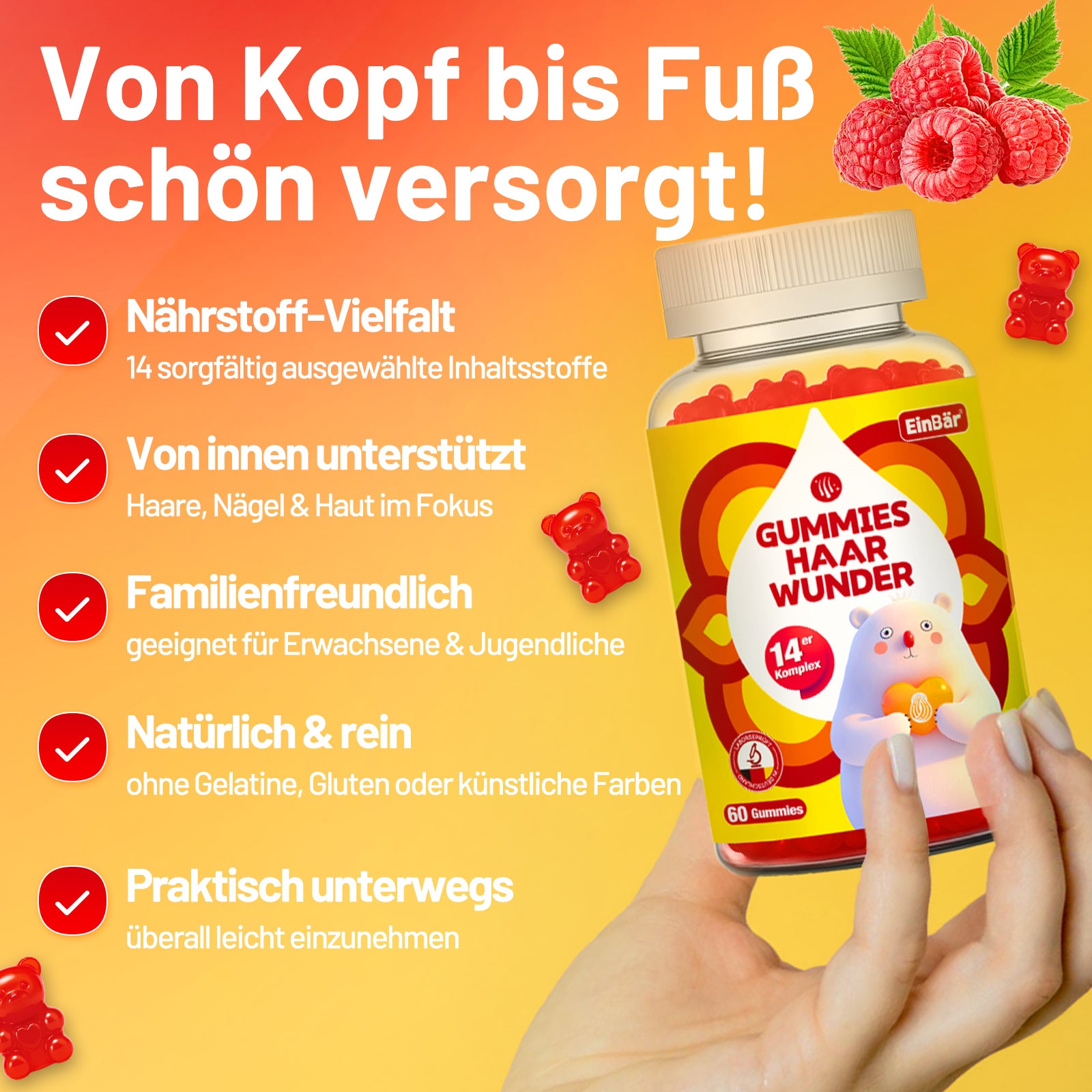 EinBär Haar Wunder Gummies Biotin 10000 µg, Zink, Selen, Vitamin A, C & E 14er Nährstoffkomplex für die Erhaltung normaler Haare Haut & Nägel | Vegan, Glutenfrei, Laktosefrei