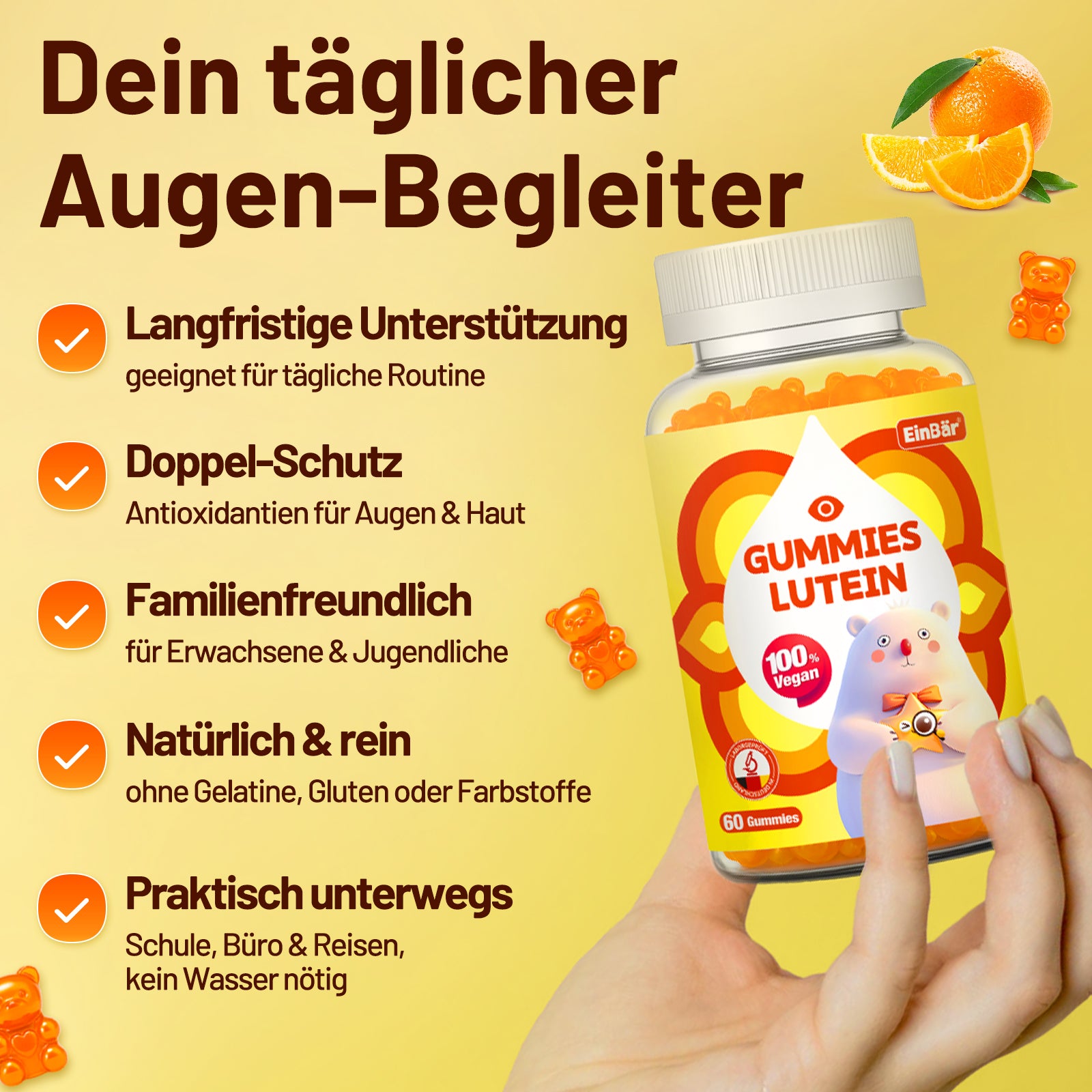 EinBär Lutein Gummies mit Vitamin C E & Niacin Ab 4 Jahren Orangengeschmack Ideal für alle die oft vor Computer Tablet oder Smartphone sitzen 60 Stück 100% Vegan Glutenfrei Laktosefrei