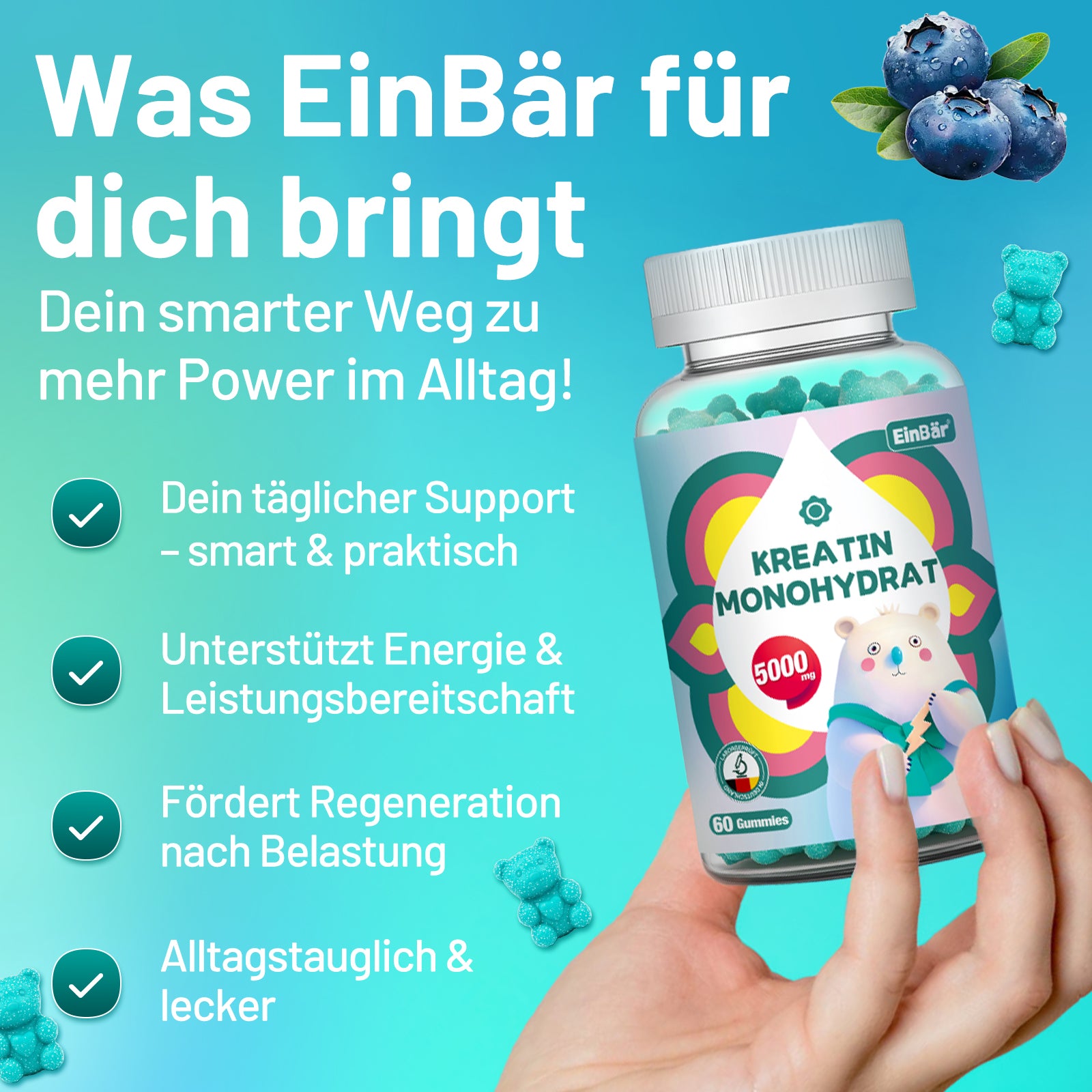 EinBär Creatin Monohydrat Gummies – 5000 mg pro Portion | Mit Taurin & Piperin für optimale Aufnahme | Vegan, Glutenfrei, Laktosefrei | 60 Gummies für Muskelaufbau & Krafttraining