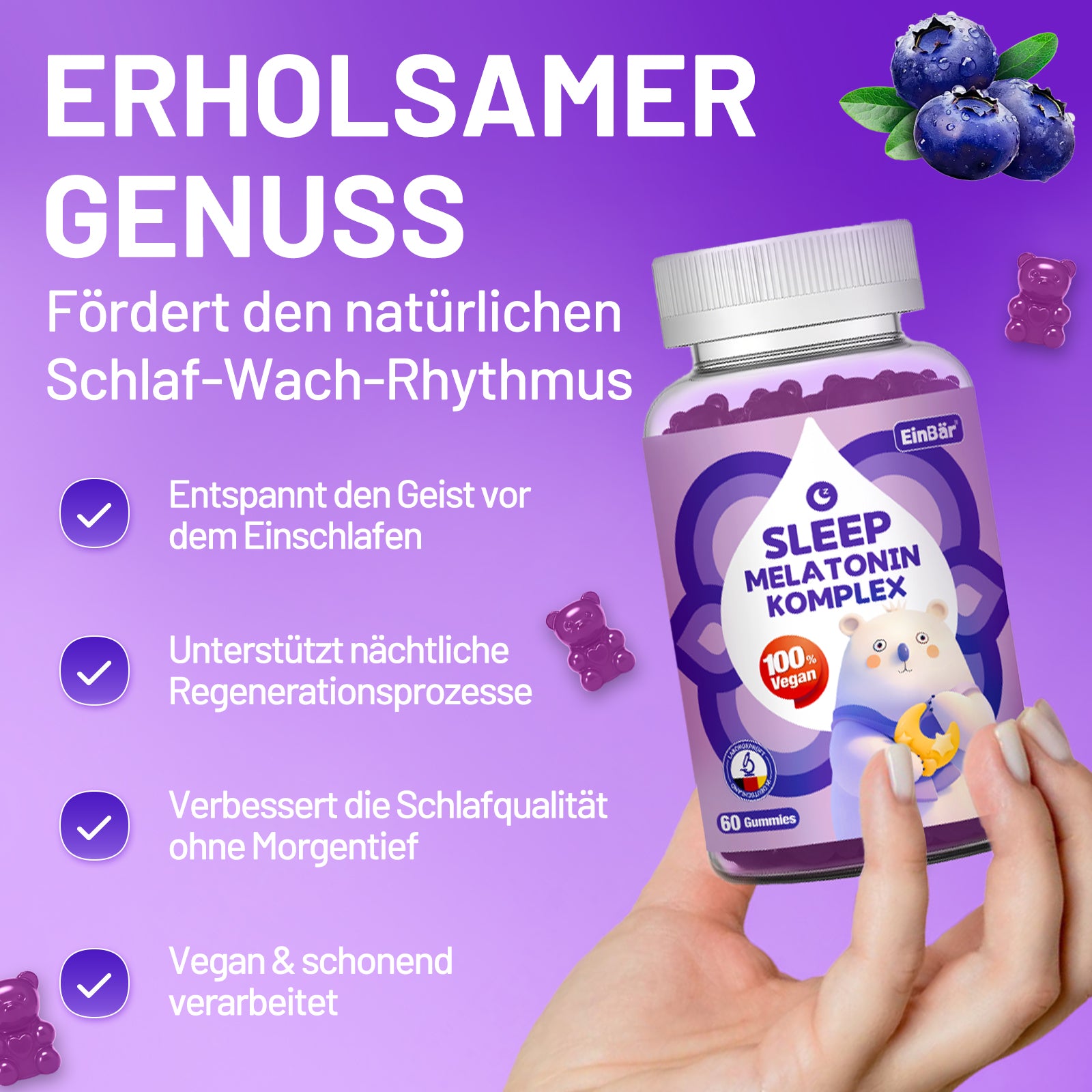 EinBär Ashwagandha & Melatonin Gummies – Mit 0,5 mg Melatonin zur Verkürzung der Einschlafzeit – Passionsblume, Lavendel, zeitverzögerte Freisetzung, ohne Zucker, 60 Stück