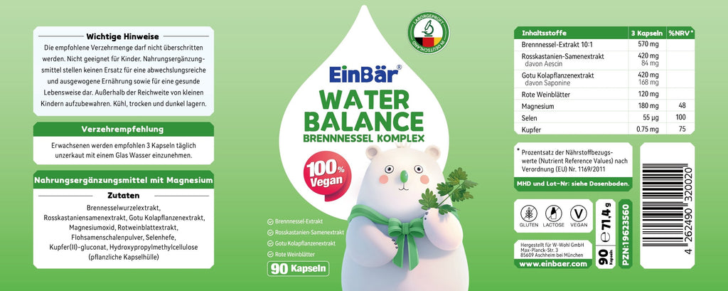 EinBär Water Balance Brennnessel Komplex mit Rosskastanie, Gotu Kola & Magnesium – 90 Kapseln