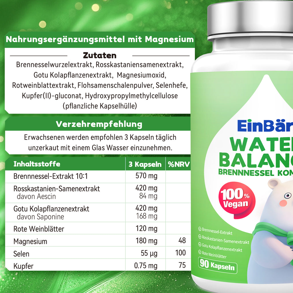 EinBär Water Balance Brennnessel Komplex mit Rosskastanie, Gotu Kola & Magnesium – 90 Kapseln