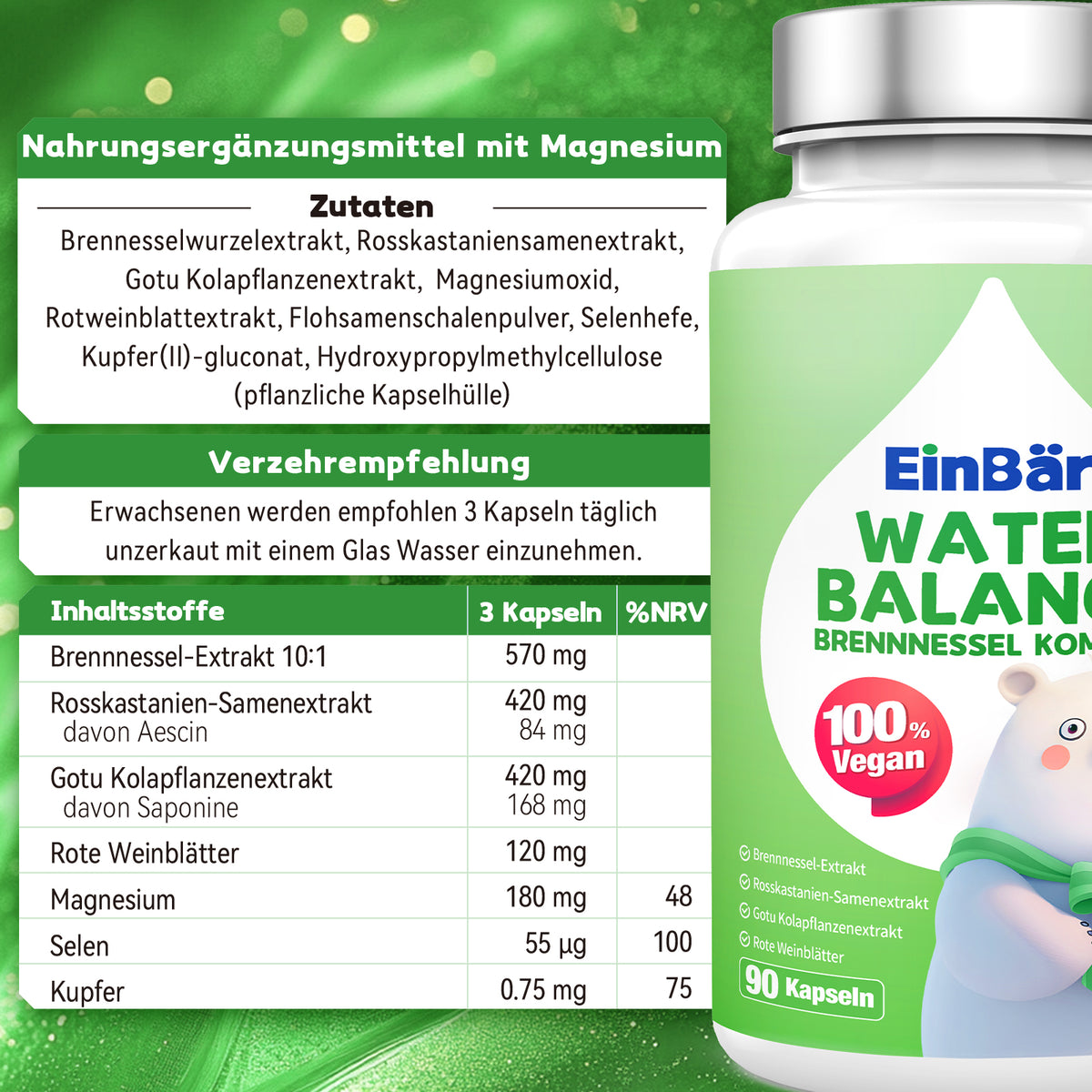 EinBär Water Balance Brennnessel Komplex mit Rosskastanie, Gotu Kola & Magnesium – 90 Kapseln